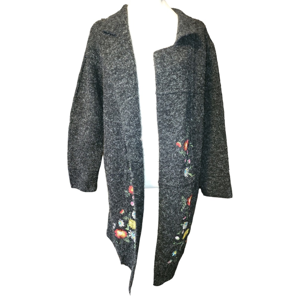 Kamana Gray Floral Embroidered Open Front Longline Cardigan Coat Size XL Cozy